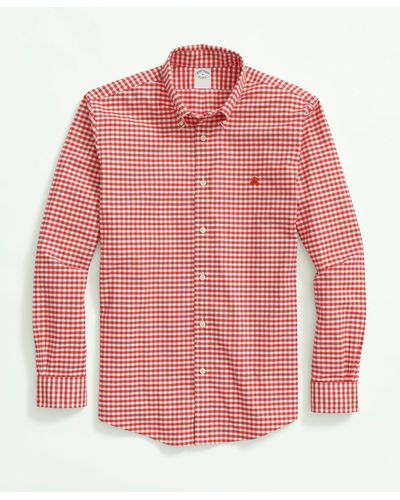 Brooks Brothers Stretch Non-iron Oxford Button-down Collar, Gingham Sport Shirt - Red