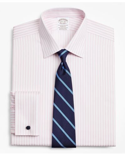 Brooks Brothers Stretch Milano Slim-fit Dress Shirt, Non-iron Twill Ainsley Collar French Cuff Bold Stripe - Pink