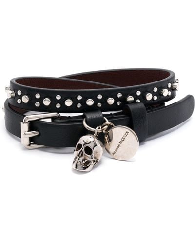 Alexander McQueen Black Skull Double-wrap Leather Bracelet