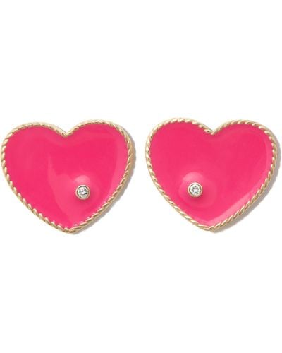 Yvonne Léon 9k Yellow Coeur Enamel Diamond Earrings - Pink
