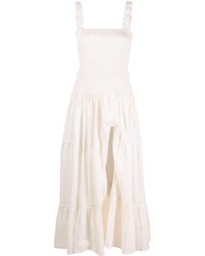BOTEH White Shirred Tiered Linen Dress
