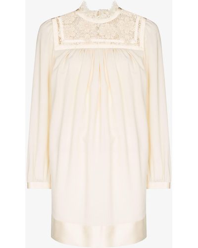 Saint Laurent Neutral Lace-trim Wool Mini Dress - Women's - Silk/wool - White