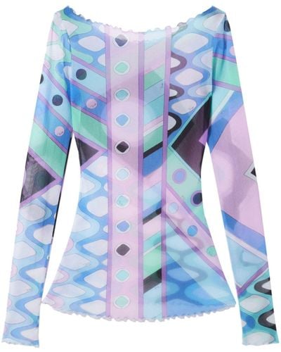 Emilio Pucci Vivara Print Mesh Top - Women's - Nylon - Blue