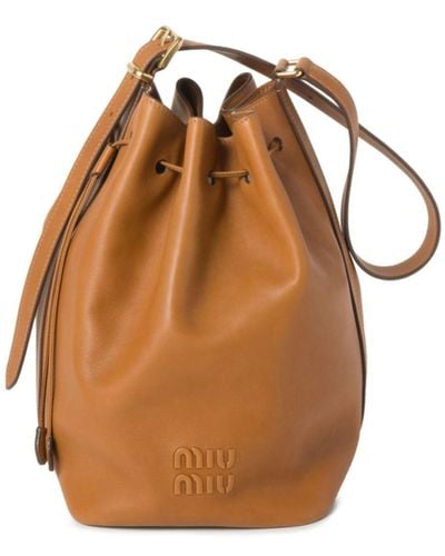 Miu Miu Logo-Embossed Leather Bucket Bag - Brown