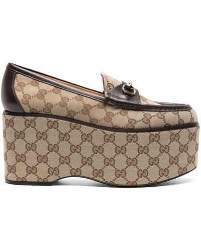 Gucci Brown Horsebit Platform Loafers - Women's - Fabric/calf Leather - Gray