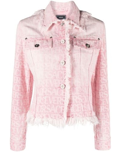 Versace Women Denim Jacket With All Over Laser Logo And Frayed Details - Pink