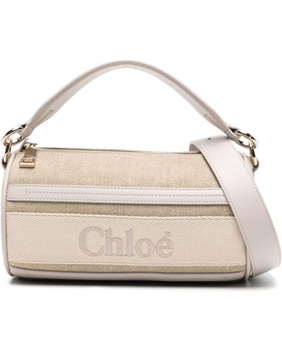 Chloé Beige Logo-embroidered Linen Two-way Crossbody Bag - Natural
