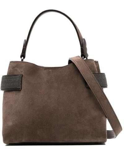 Brunello Cucinelli Monili-embellished Suede Shoulder Bag - Women's - Metal/calf Suede/calf Leather - Brown