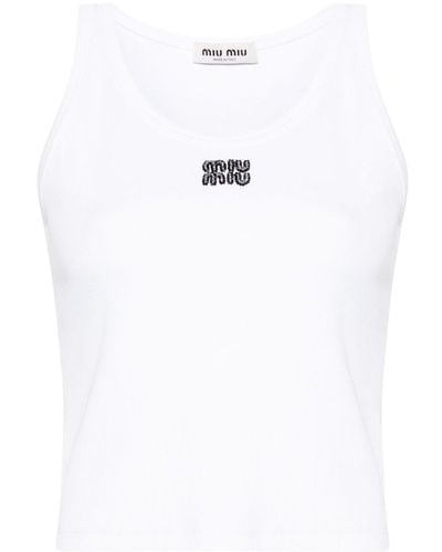 Miu Miu Sequinned-logo Tank Top - Women's - Glass/cotton/elastane - White