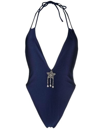 Alessandra Rich Lurex Halterneck Swimsuit - Blue