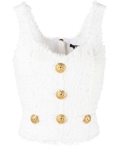 Balmain Embellished Tweed Sleeveless Top - White