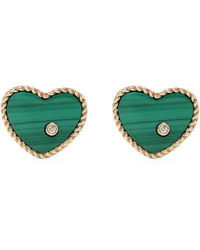 Yvonne Léon 9k Yellow Gold Baby Cœur Malachite And Diamond Stud Earrings - Green