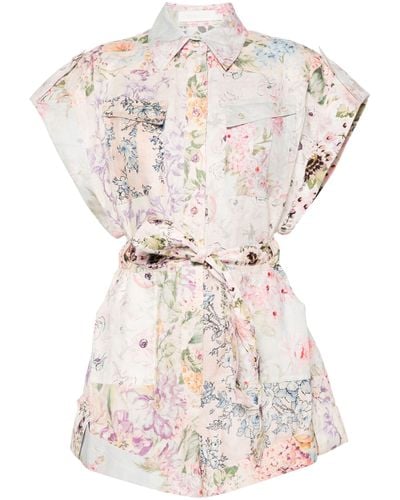 Zimmermann Multicolour Floral Short-sleeved Linen Playsuit - Women's - Cotton/linen/flax - Natural