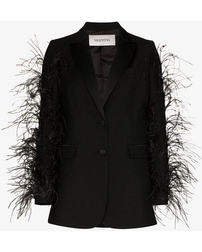 Valentino Feather-sleeve Blazer Jacket - Black