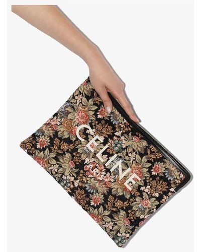 Celine Multicoloured Floral Tapestry Cotton Logo Clutch - Black