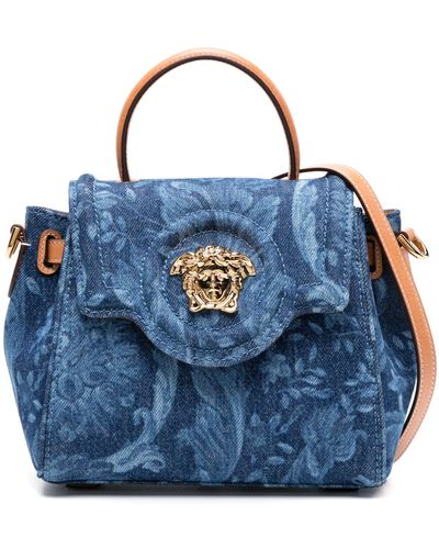 Versace La Medusa Small Barocco Denim Handbag - Blue
