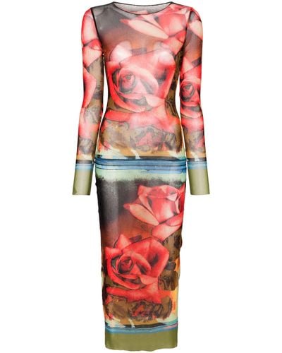 Jean Paul Gaultier Roses Mesh Long Sleeve Dress - Multicolor