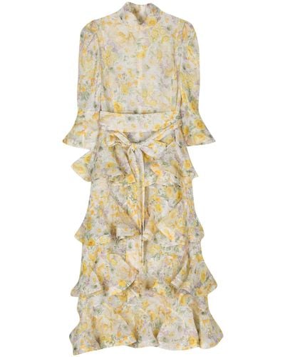 Zimmermann Harmony Tiered Midi Dress - Women's - Recycled Polyester/elastane/linen/flax/silk - Yellow