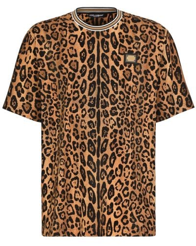 Dolce & Gabbana Animal Print T-Shirt With Logo Plate - Brown