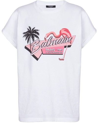 Balmain Flamingo-print Cotton T-shirt - White