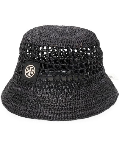 Tory Burch Logo-patch Raffia Bucket Hat - Black