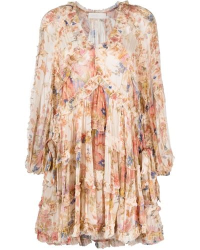 Zimmermann Neutral August Billow Frill Floral Mini Dress - Women's - Viscose/recycled Polyester/elastane - Pink