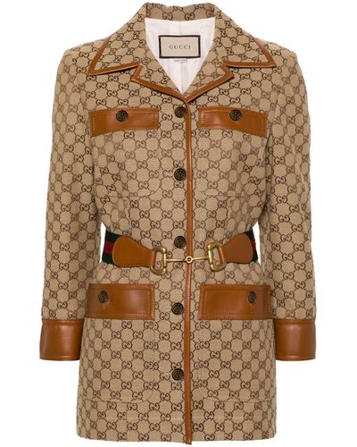 Gucci Belted Leather-trimmed Cotton-blend Canvas-jacquard Jacket - Brown