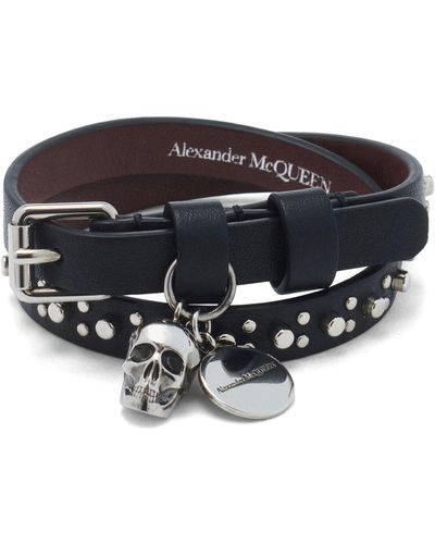 Alexander McQueen Black Skull Double-wrap Leather Bracelet