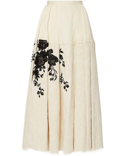 Erdem Neutral Floral Embroidered Pleated Skirt - Natural