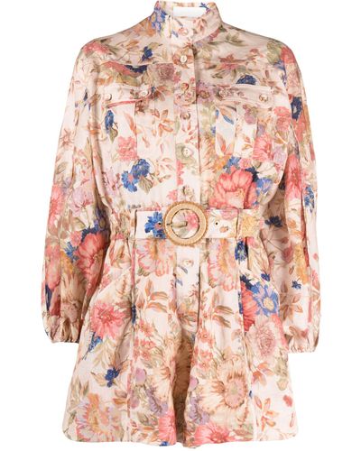 Zimmermann Floral Print Belted Linen Short Playsuit - Pink