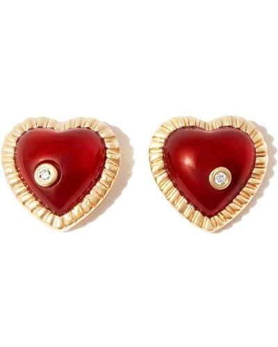 Yvonne Léon 9k Yellow Agate Diamond Heart Stud Earrings - Red