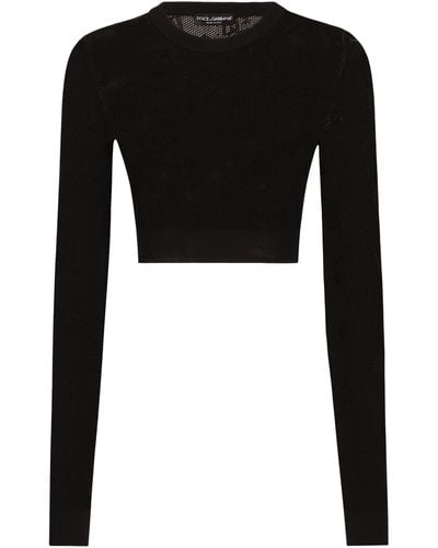 Dolce & Gabbana Cropped Mesh-stitch Viscose Jumper With All-over Jacquard Dg Logo - Black