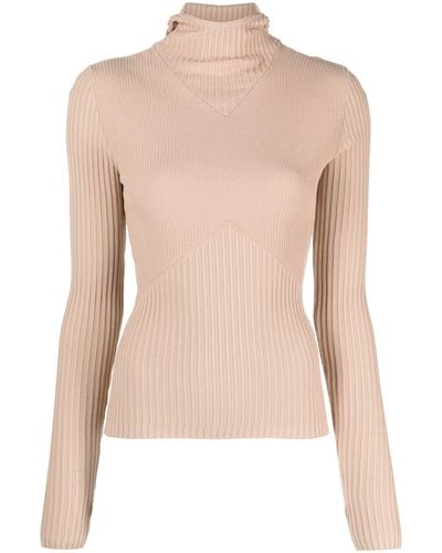 ANDREADAMO Andreādamo - Neutral Hooded Ribbed Sweater - Women's - Polyester/viscose/polyamide/spandex/elastane - Natural