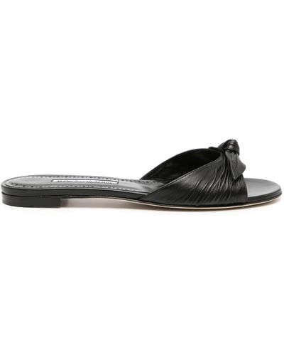 Manolo Blahnik Knot Detail Leather Flat Sandals - Black
