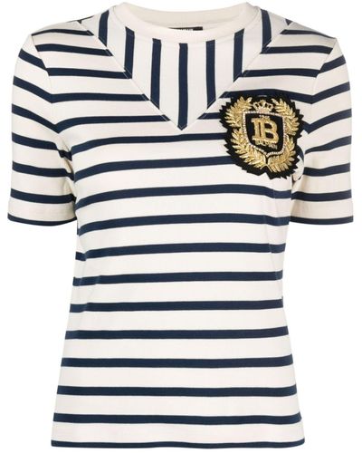 Balmain Logo-patch Ribbed-knit Striped T-shirt - Blue