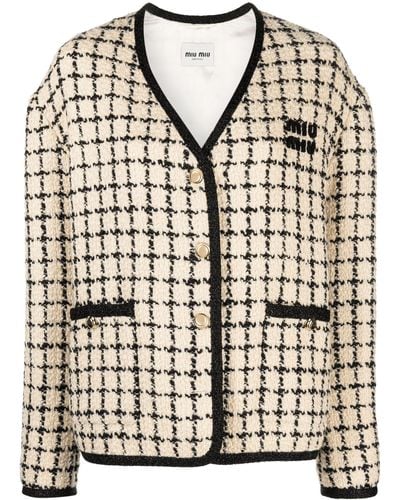 Miu Miu Neutral Checked Tweed Jacket - Black