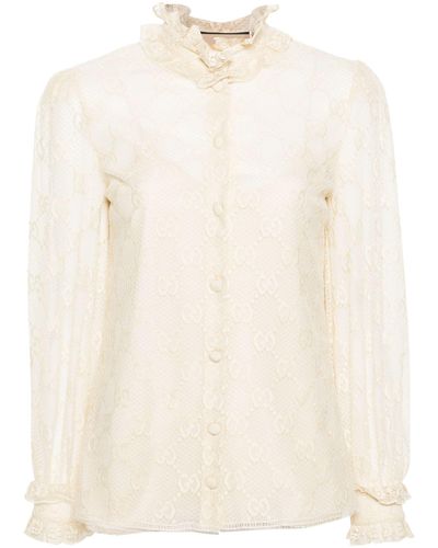 Gucci Frilled Monogram Lace Blouse - Natural