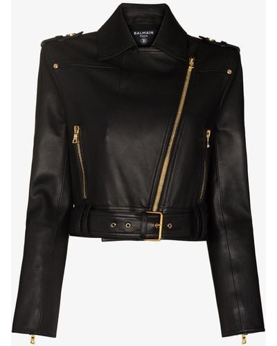 Balmain Cropped Leather Jacket - Black