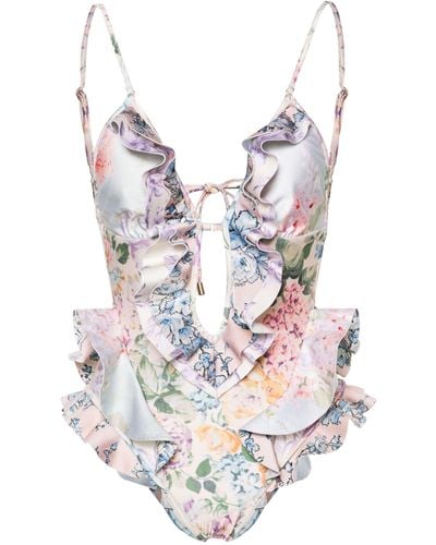 Zimmermann Multicolor Floral Ruffled Swimsuit - Women's - Polyamide/elastane - White