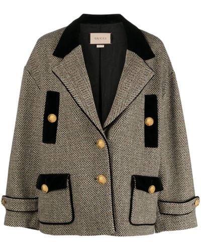 Gucci Herringbone Wool Coat - Women's - Cotton/polyamide/wool/viscoseelastane - Black