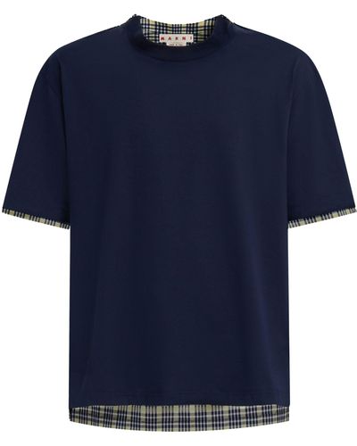 Marni Plaid-check Panel Cotton T-shirt - Blue