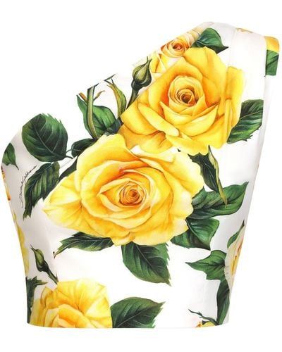 Dolce & Gabbana One-Shoulder Cotton Crop Top With Rose - Yellow