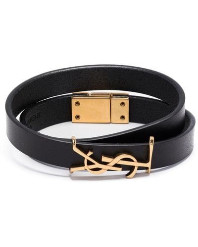 Saint Laurent Black Opyum Wrap Leather Bracelet - Unisex - Bos Taurus/brass