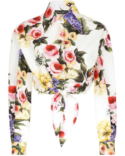 Dolce & Gabbana White Floral Print Cropped Shirt - Natural