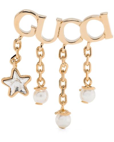 Gucci Logo-script Crystal And Pearl-embellished Gold-toned Metal Earrings - Metallic