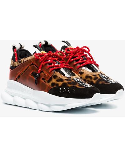 Versace Multicoloured Chain Reaction Leopard Print Leather Sneakers - Multicolor