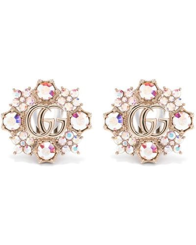 Gucci Double G Flowers Crystal Earrings - White