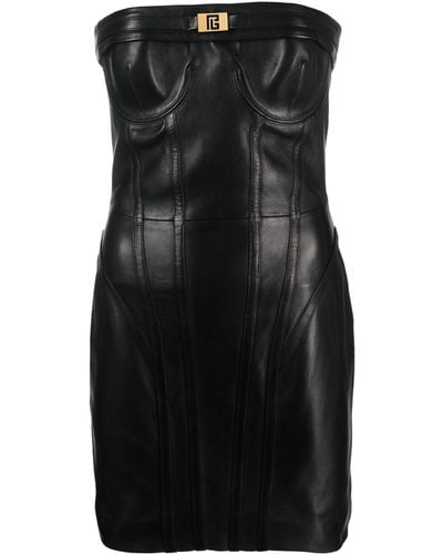 Balmain Strapless Leather Minidress - Black