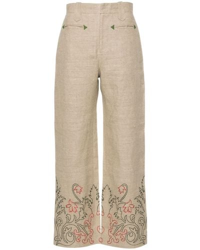 Bode Floral-embroidered Linen Pants - Natural