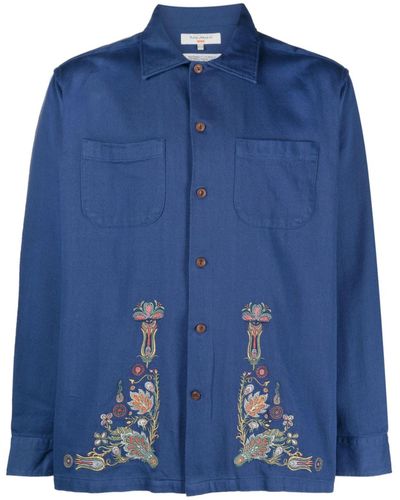 Nudie Jeans Vincent Floral-embroidered Cotton Shirt - Blue